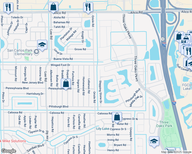 map of restaurants, bars, coffee shops, grocery stores, and more near 17445 Oriole Road in Fort Myers