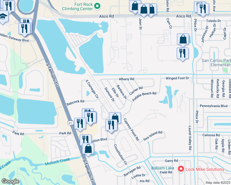 map of restaurants, bars, coffee shops, grocery stores, and more near 17456 Ellie Drive in Fort Myers