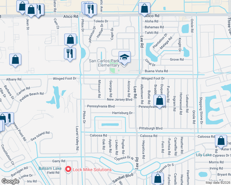 map of restaurants, bars, coffee shops, grocery stores, and more near 17424 Delaware Road in Fort Myers