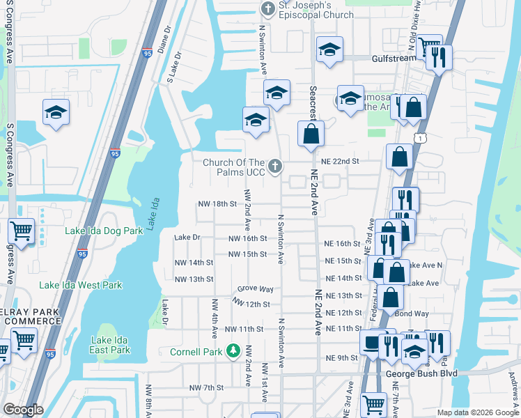 map of restaurants, bars, coffee shops, grocery stores, and more near 15 Northwest 17th Court in Delray Beach