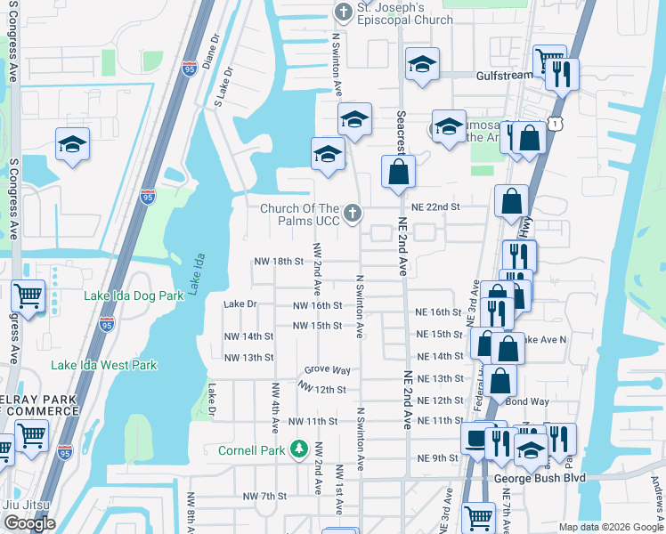 map of restaurants, bars, coffee shops, grocery stores, and more near 100 Northwest 18th Street in Delray Beach