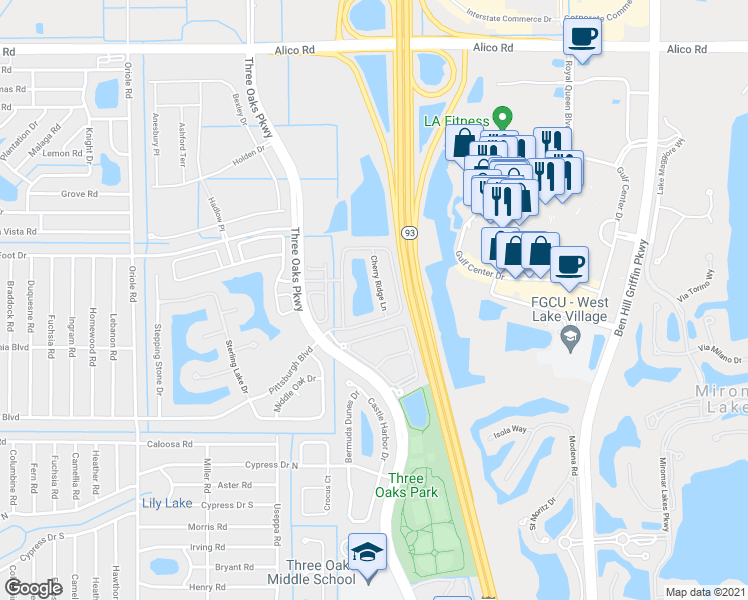 map of restaurants, bars, coffee shops, grocery stores, and more near 17564 Cherry Ridge Lane in Fort Myers