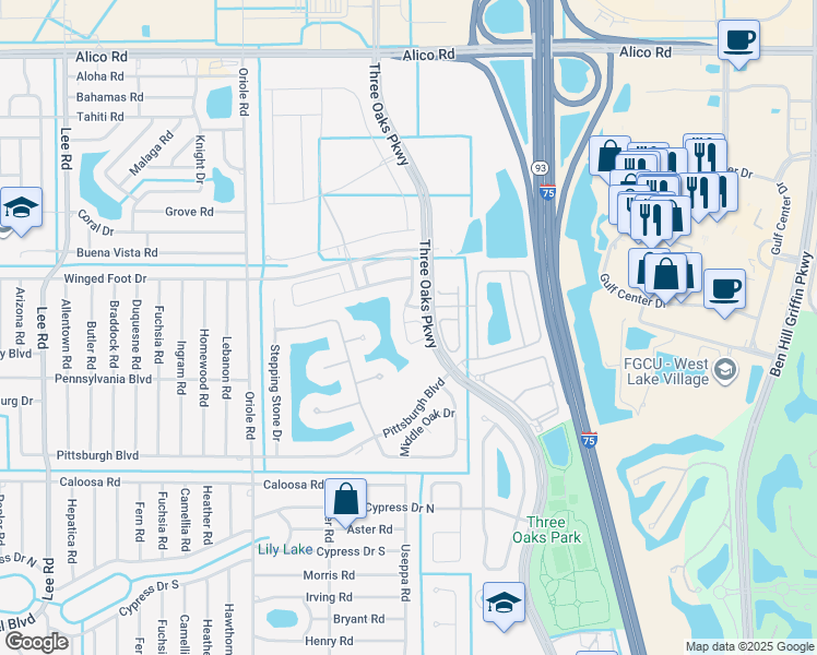 map of restaurants, bars, coffee shops, grocery stores, and more near 9503 Silver Pine Loop in Fort Myers
