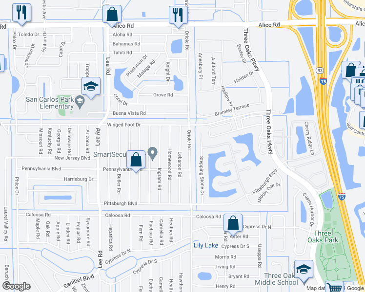 map of restaurants, bars, coffee shops, grocery stores, and more near 17413 Lebanon Road in Fort Myers