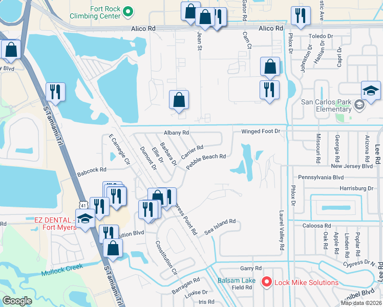 map of restaurants, bars, coffee shops, grocery stores, and more near 7478 Carrier Road in Fort Myers