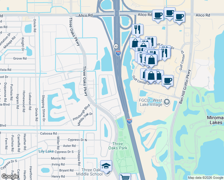 map of restaurants, bars, coffee shops, grocery stores, and more near 17583 Cherry Ridge Lane in Fort Myers