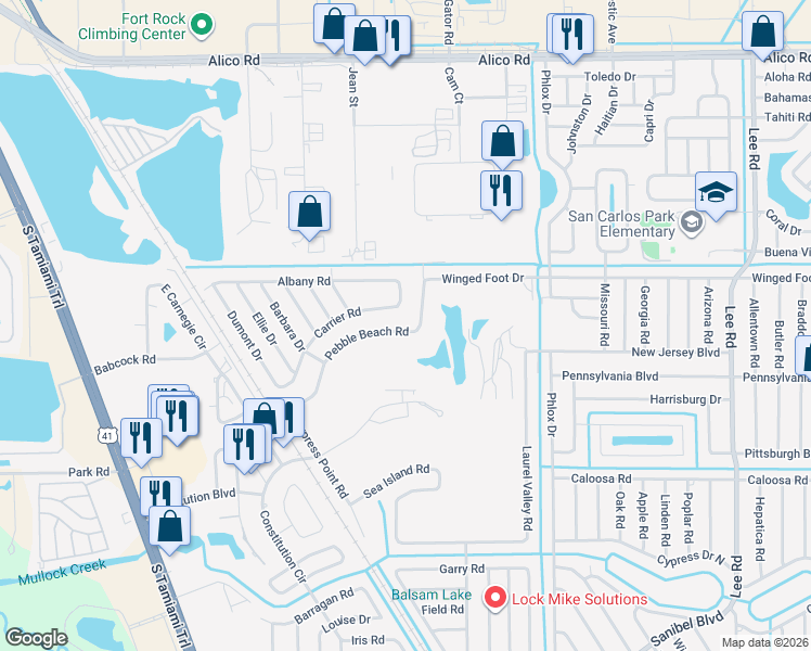 map of restaurants, bars, coffee shops, grocery stores, and more near 7452 Pebble Beach Road in Fort Myers