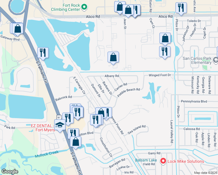 map of restaurants, bars, coffee shops, grocery stores, and more near 7427 Carrier Road in Fort Myers
