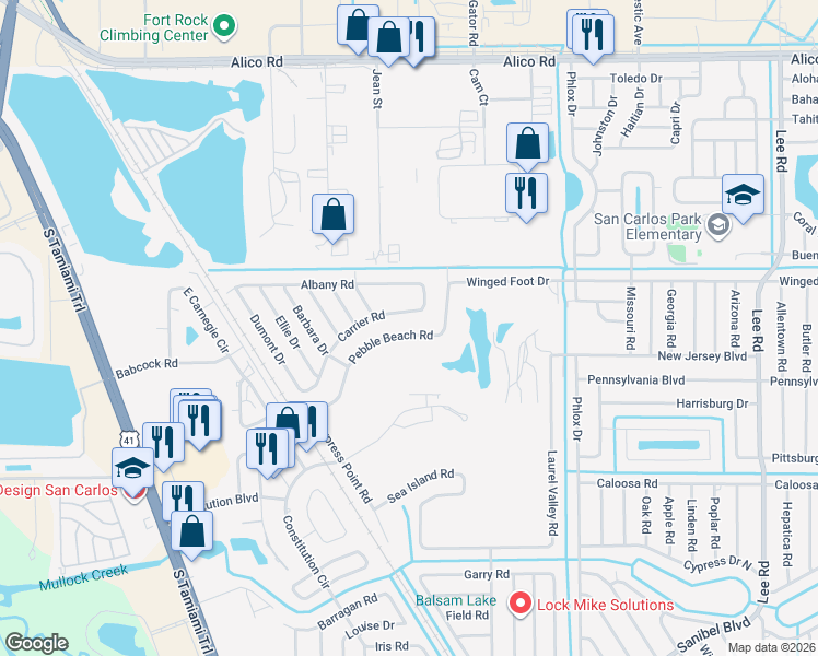 map of restaurants, bars, coffee shops, grocery stores, and more near 7404/7408 Pebble Beach Road in Fort Myers
