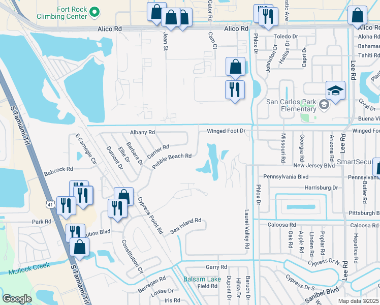 map of restaurants, bars, coffee shops, grocery stores, and more near 7493 Pebble Beach Road in Fort Myers