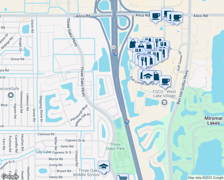 map of restaurants, bars, coffee shops, grocery stores, and more near 9616 Roundstone Circle in Fort Myers