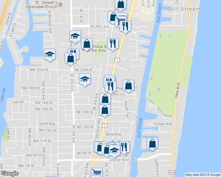map of restaurants, bars, coffee shops, grocery stores, and more near N Federal Hwy & Kokomo Key Ln in Delray Beach