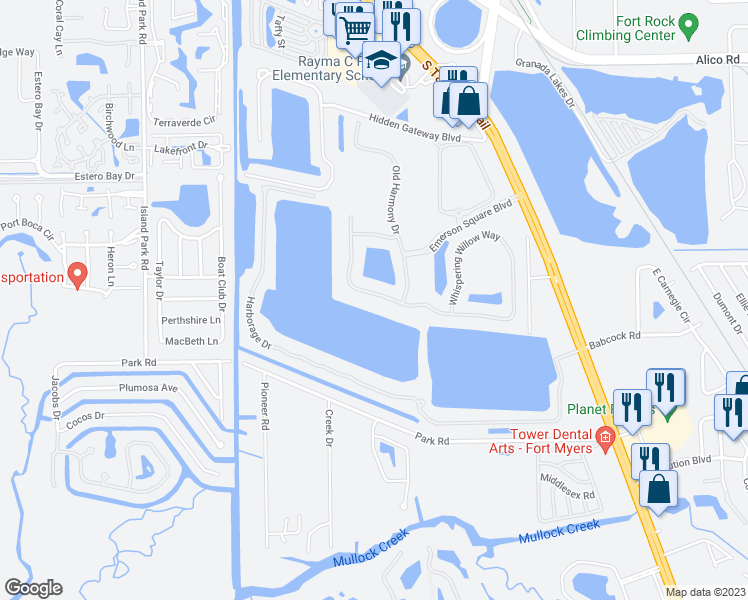 map of restaurants, bars, coffee shops, grocery stores, and more near 5679 Whispering Willow Way in Fort Myers