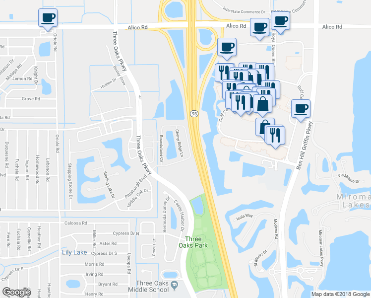map of restaurants, bars, coffee shops, grocery stores, and more near 9620 Roundstone Circle in Fort Myers