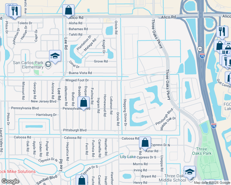 map of restaurants, bars, coffee shops, grocery stores, and more near 17392 Lebanon Road in Fort Myers