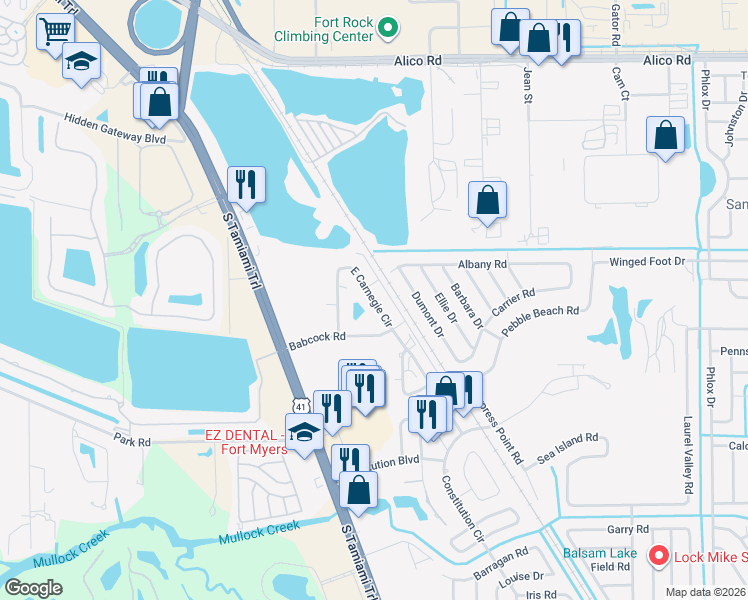 map of restaurants, bars, coffee shops, grocery stores, and more near 17391 East Carnegie Circle in Fort Myers