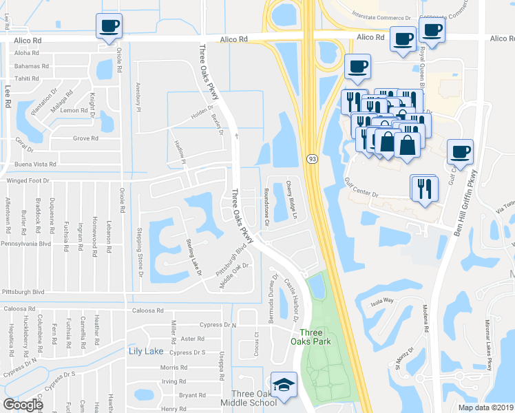 map of restaurants, bars, coffee shops, grocery stores, and more near 17547 Brickstone Loop in Fort Myers