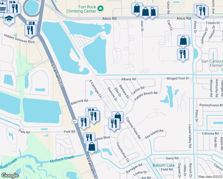 map of restaurants, bars, coffee shops, grocery stores, and more near 17423 Dumont Drive in Fort Myers