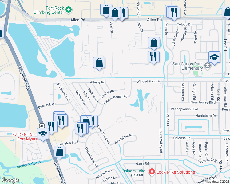 map of restaurants, bars, coffee shops, grocery stores, and more near 7526 Carrier Road in Fort Myers