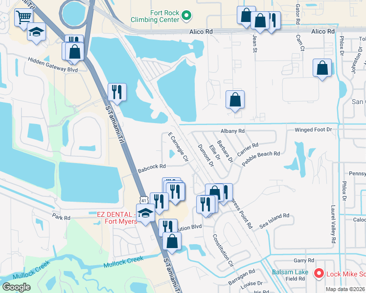 map of restaurants, bars, coffee shops, grocery stores, and more near 17391 East Carnegie Circle in Fort Myers