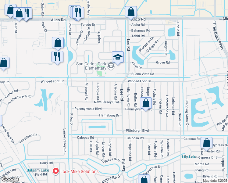 map of restaurants, bars, coffee shops, grocery stores, and more near 17392 Lee Road in Fort Myers