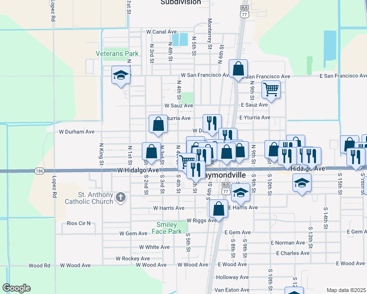 map of restaurants, bars, coffee shops, grocery stores, and more near 400-498 W Raymond Ave in Raymondville