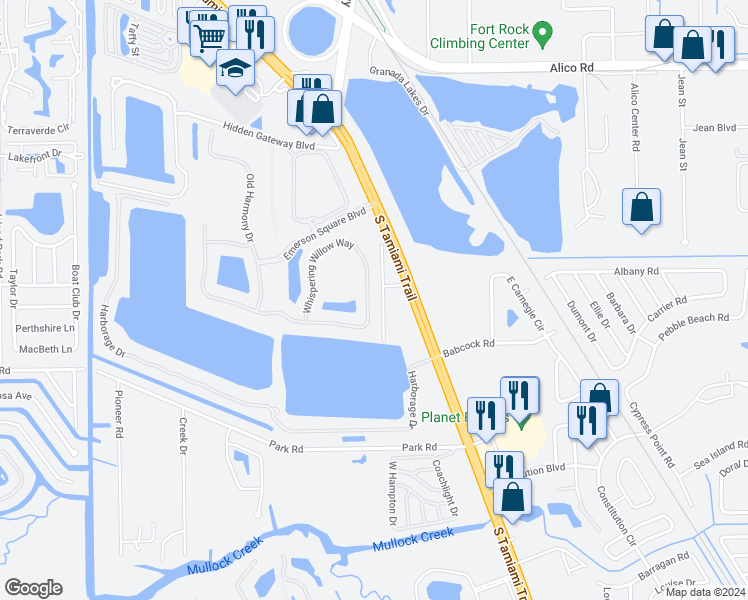 map of restaurants, bars, coffee shops, grocery stores, and more near 5557 Whispering Willow Way in Fort Myers