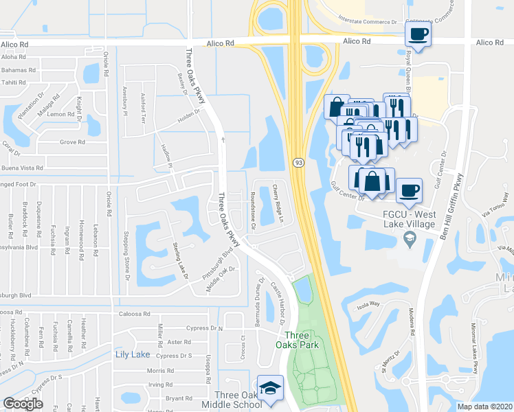 map of restaurants, bars, coffee shops, grocery stores, and more near 9790 Roundstone Circle in Fort Myers