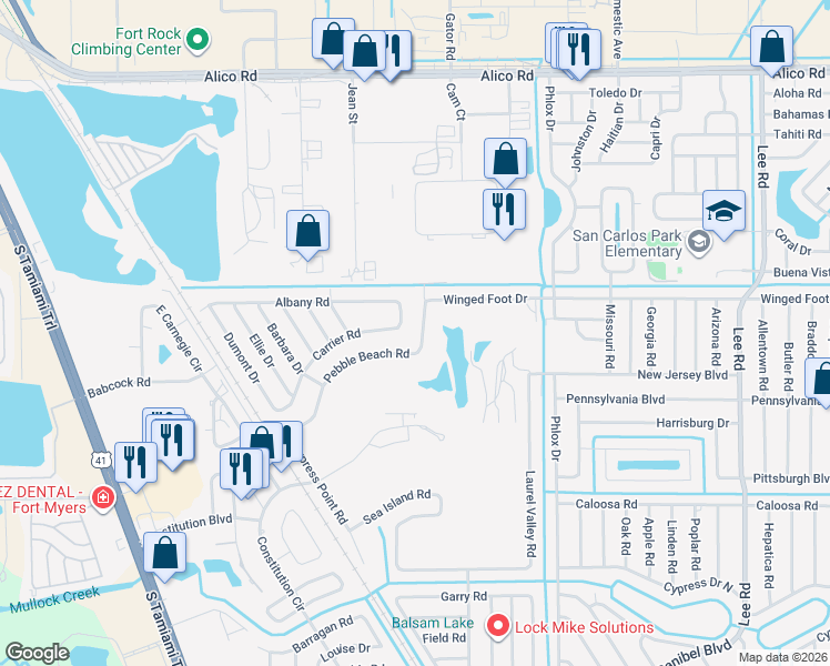 map of restaurants, bars, coffee shops, grocery stores, and more near 7493 Pebble Beach Road in Fort Myers