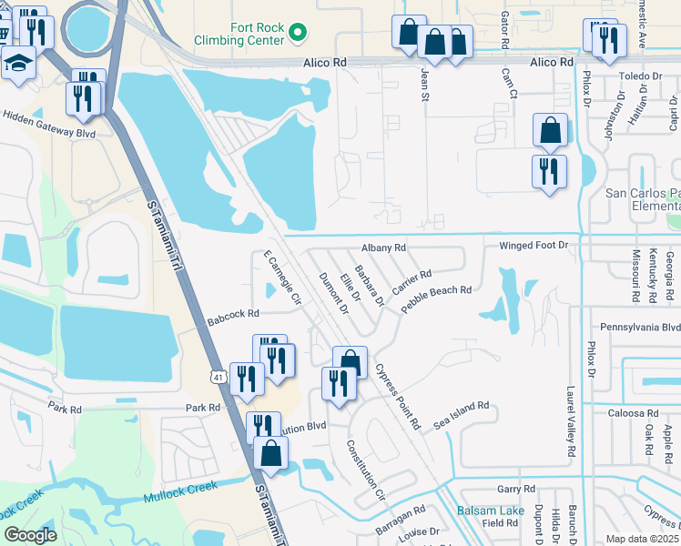 map of restaurants, bars, coffee shops, grocery stores, and more near 17400 Ellie Drive in Fort Myers