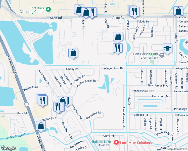 map of restaurants, bars, coffee shops, grocery stores, and more near 7493 Pebble Beach Road in Fort Myers