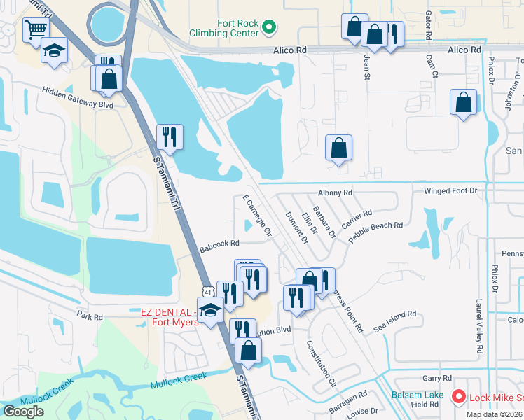 map of restaurants, bars, coffee shops, grocery stores, and more near 17391 East Carnegie Circle in Fort Myers