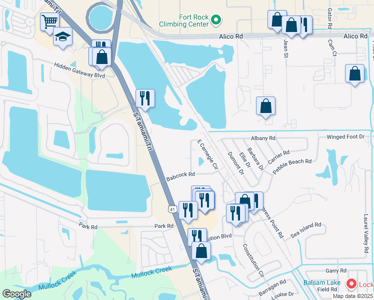map of restaurants, bars, coffee shops, grocery stores, and more near 17373-5 West Carnegie Circle in Fort Myers