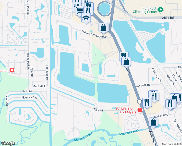 map of restaurants, bars, coffee shops, grocery stores, and more near 17596 Old Harmony Drive in Fort Myers