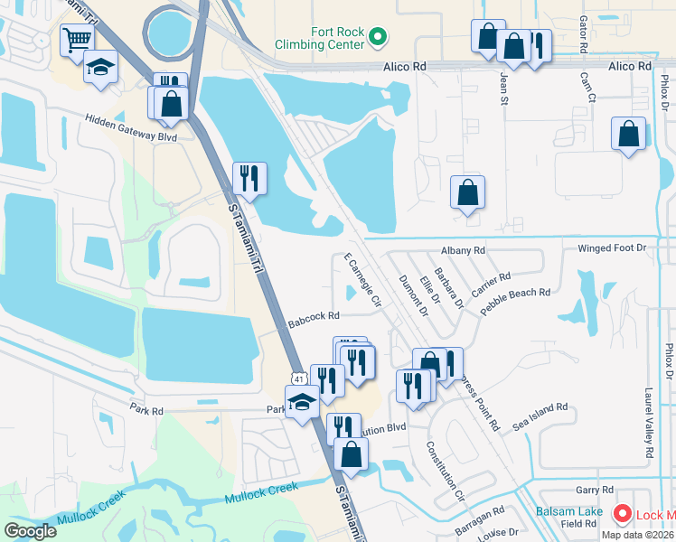 map of restaurants, bars, coffee shops, grocery stores, and more near 17373-5 West Carnegie Circle in Fort Myers