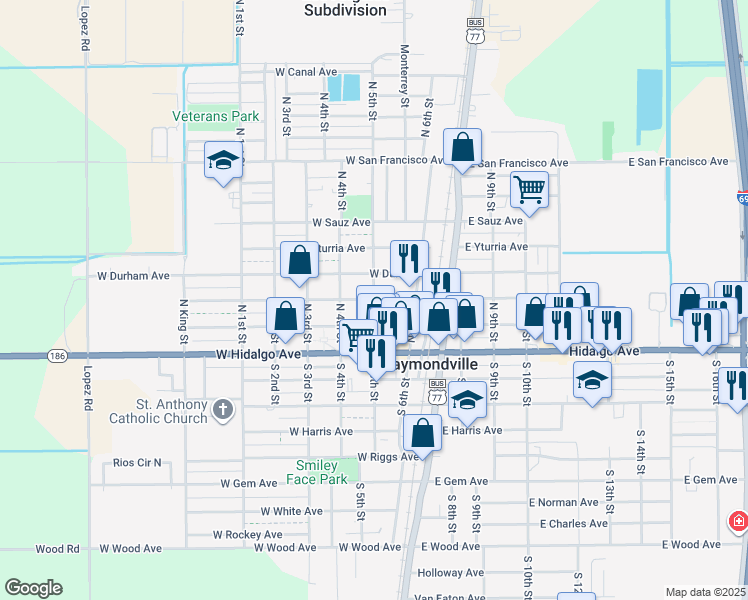 map of restaurants, bars, coffee shops, grocery stores, and more near 400 West Raymond Avenue in Raymondville