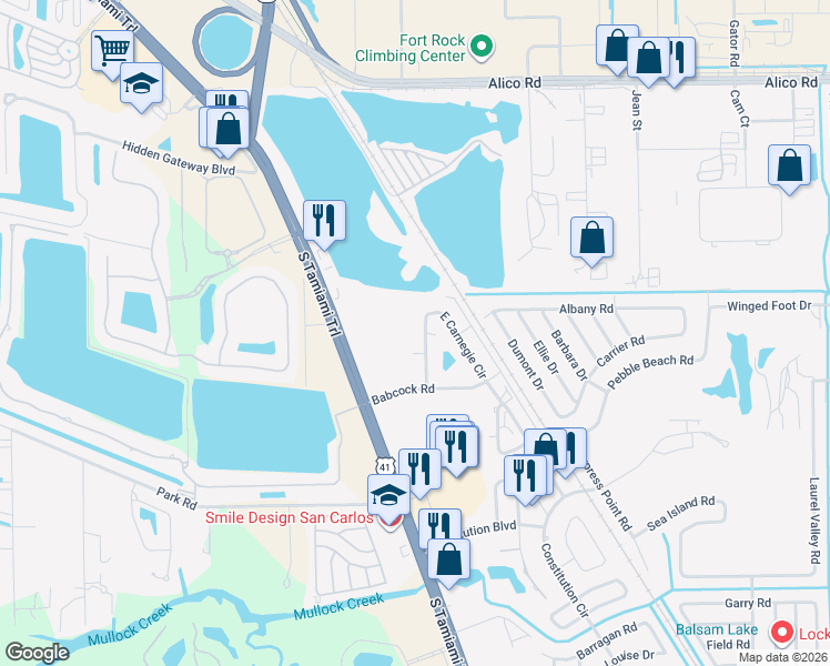 map of restaurants, bars, coffee shops, grocery stores, and more near 17373-5 West Carnegie Circle in Fort Myers