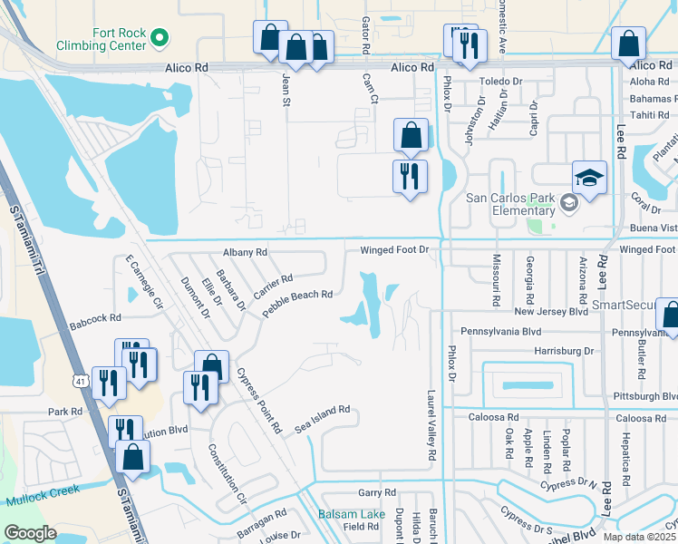 map of restaurants, bars, coffee shops, grocery stores, and more near 7493 Pebble Beach Road in Fort Myers