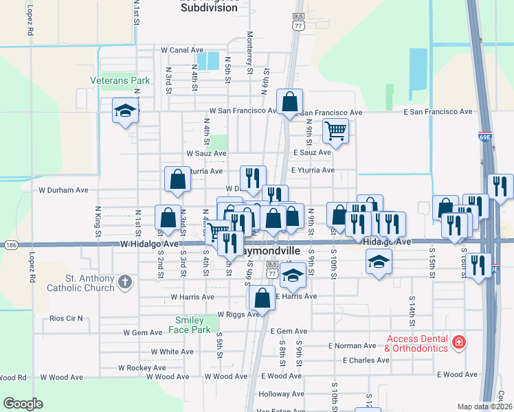 map of restaurants, bars, coffee shops, grocery stores, and more near 300 West Raymond Avenue in Raymondville