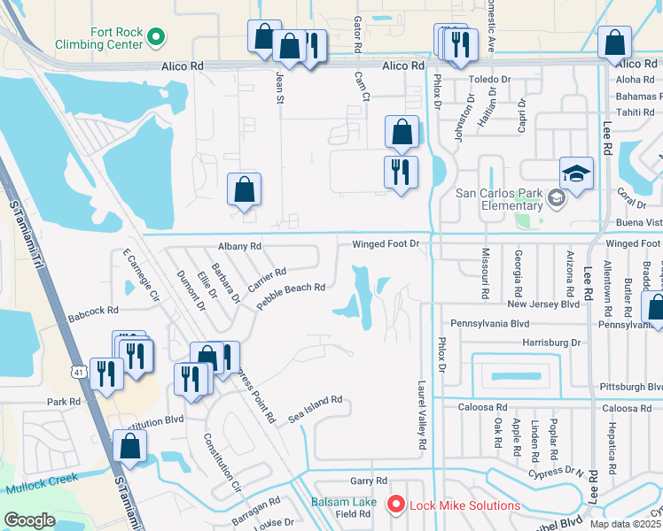 map of restaurants, bars, coffee shops, grocery stores, and more near 7493 Pebble Beach Road in Fort Myers