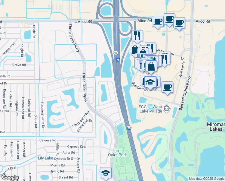 map of restaurants, bars, coffee shops, grocery stores, and more near 9640 Roundstone Circle in Fort Myers