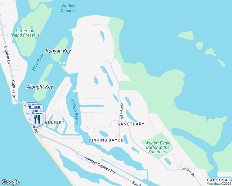 map of restaurants, bars, coffee shops, grocery stores, and more near 2605 Wulfert Road in Sanibel