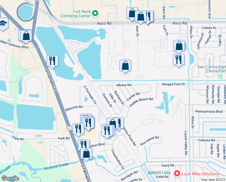 map of restaurants, bars, coffee shops, grocery stores, and more near 17384 Barbara Drive in Fort Myers