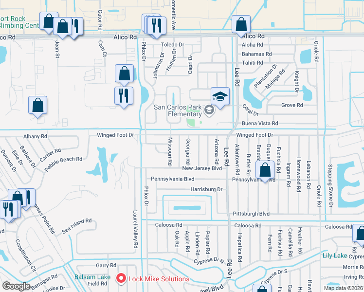 map of restaurants, bars, coffee shops, grocery stores, and more near 17389 Kentucky Road in Fort Myers