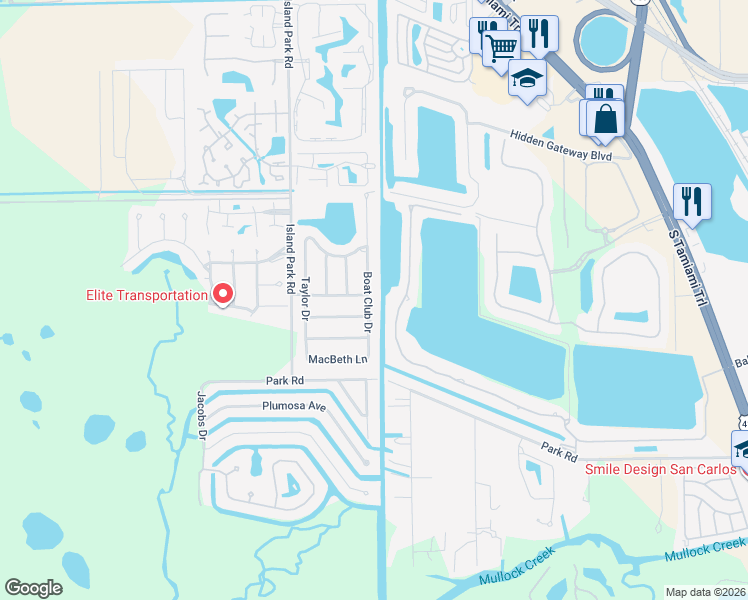 map of restaurants, bars, coffee shops, grocery stores, and more near 17611 Boat Club Drive in Fort Myers