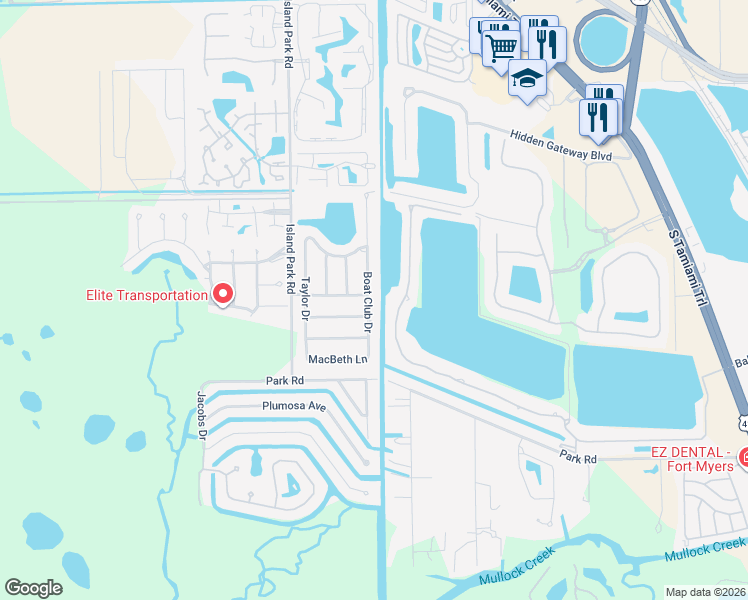 map of restaurants, bars, coffee shops, grocery stores, and more near 17611 Boat Club Drive in Fort Myers