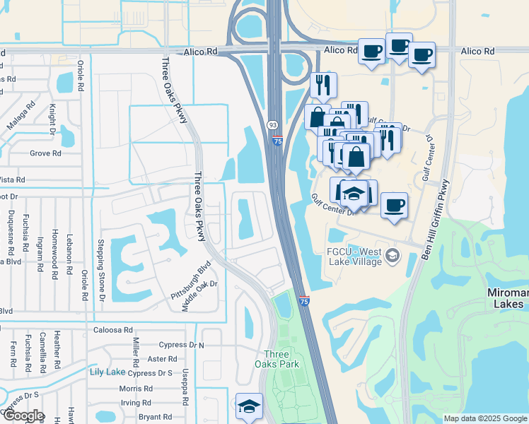 map of restaurants, bars, coffee shops, grocery stores, and more near 9640 Roundstone Circle in Fort Myers