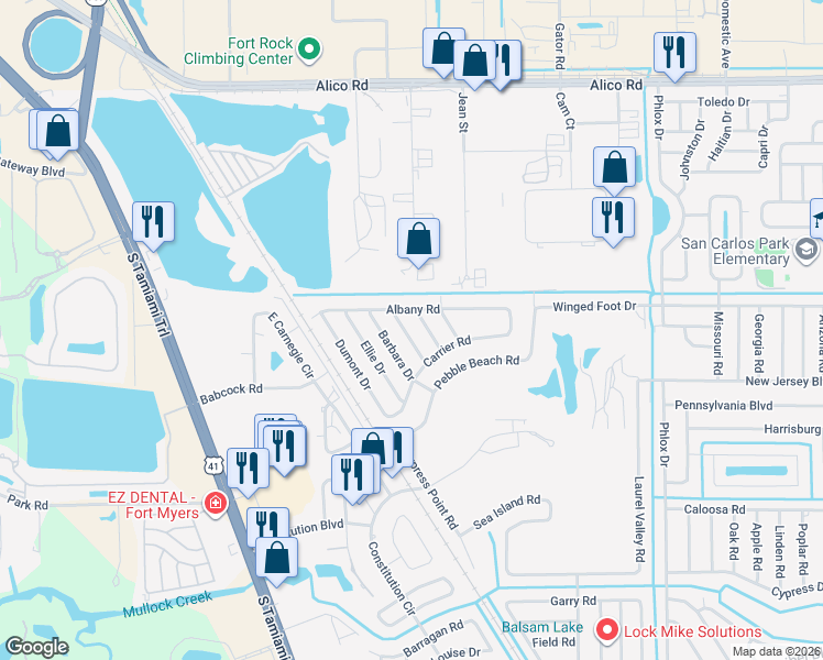 map of restaurants, bars, coffee shops, grocery stores, and more near 17395 Cleveland Drive in Fort Myers