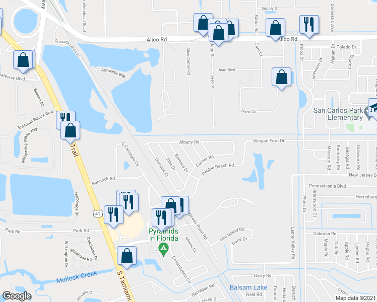 map of restaurants, bars, coffee shops, grocery stores, and more near 17383 Cleveland Drive in Fort Myers