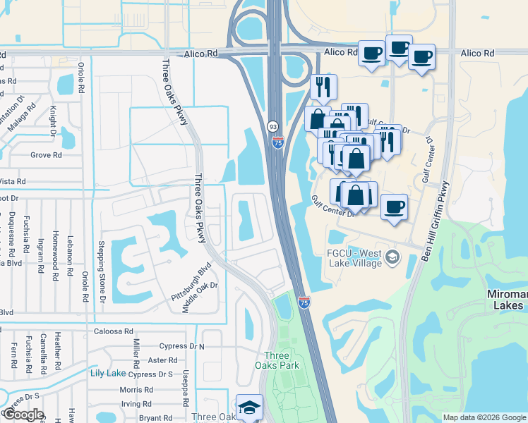 map of restaurants, bars, coffee shops, grocery stores, and more near 9640 Roundstone Circle in Fort Myers